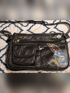 Black Faux Leather Crossbody Bag with Colorful Butterfly Detail. Hand Painted.